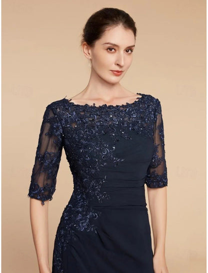 NumberSea - Column Wedding Guest Elegant Scoop Neck Ankle Length Chiffon Lace Half Sleeve with Sequin Solid Color Mother of the Bride Dress&nbsp;