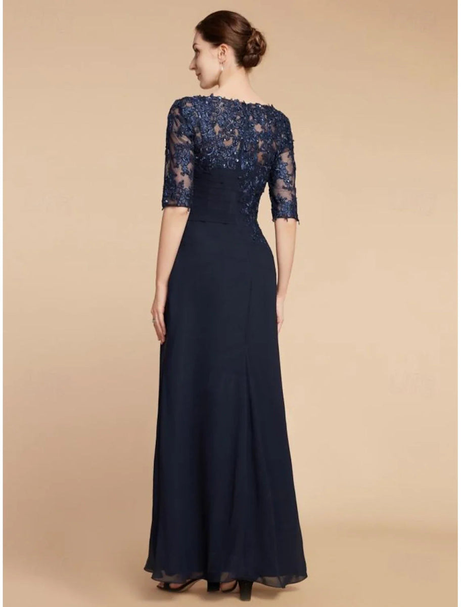 NumberSea - Column Wedding Guest Elegant Scoop Neck Ankle Length Chiffon Lace Half Sleeve with Sequin Solid Color Mother of the Bride Dress&nbsp;