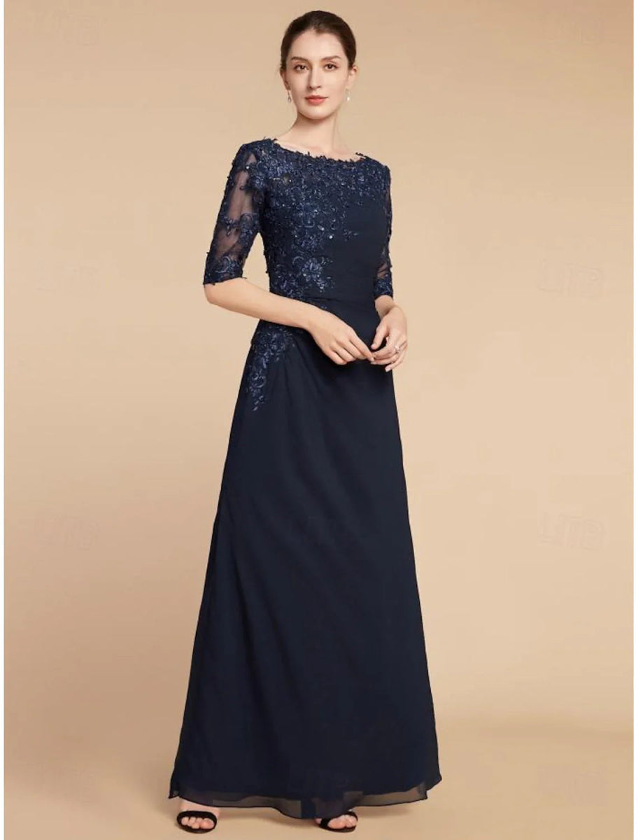 NumberSea - Column Wedding Guest Elegant Scoop Neck Ankle Length Chiffon Lace Half Sleeve with Sequin Solid Color Mother of the Bride Dress&nbsp;