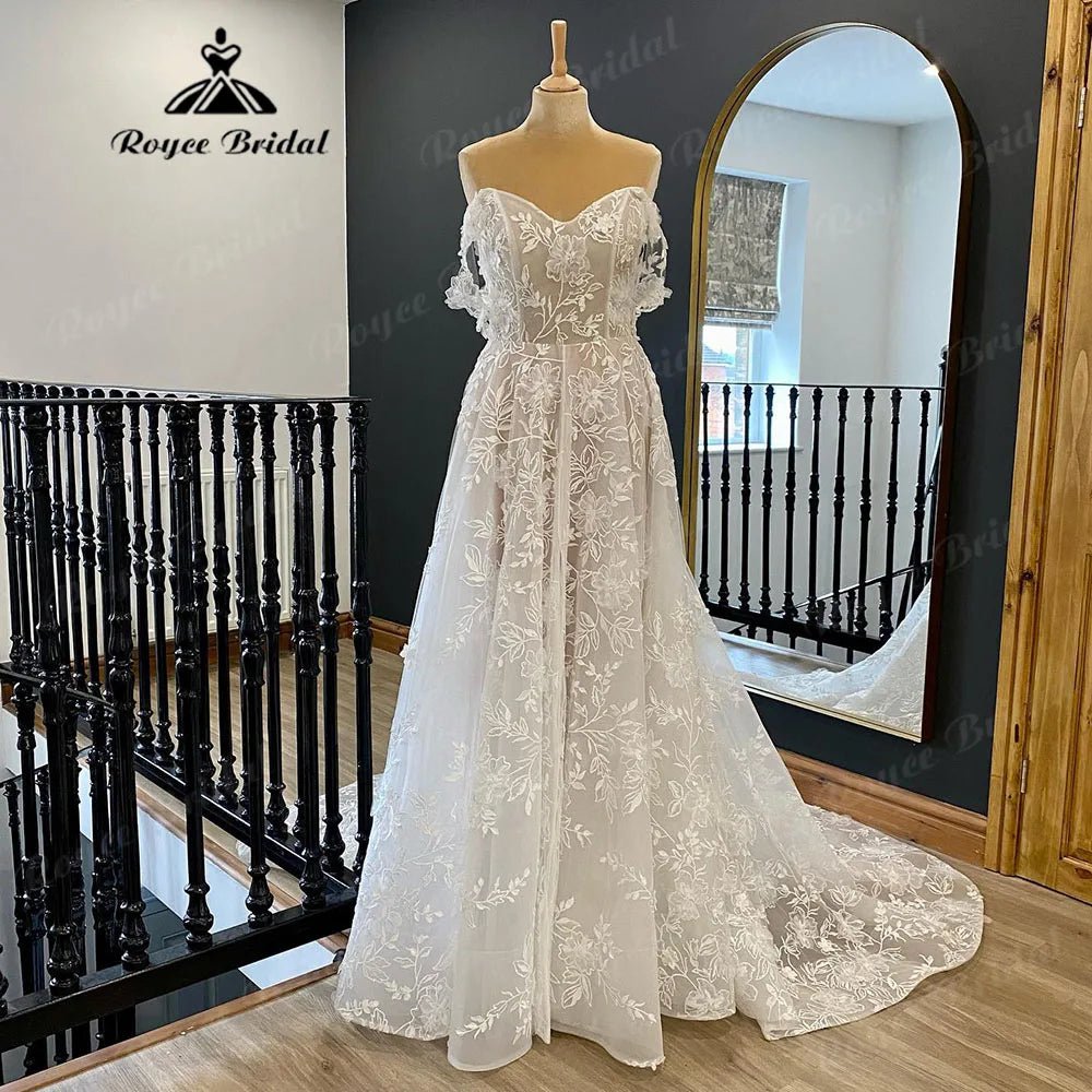 NumberSea - Country Off Shoulder Full Lace V Neck Wedding Gown for Women 2024 Wedding Dress with Cap Sleeve vestido longo festa de casamento