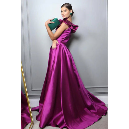 NumberSea - Couture & Ornate A - Line One Shoudler Sleeveless Side Slit Ruffles Formal Prom Dress