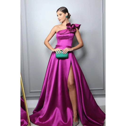 NumberSea - Couture & Ornate A - Line One Shoudler Sleeveless Side Slit Ruffles Formal Prom Dress