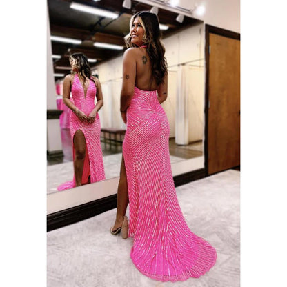 NumberSea - Couture & Ornate Halter Sleeveless Side Slit Sequins Backless Evening Party Prom Dress