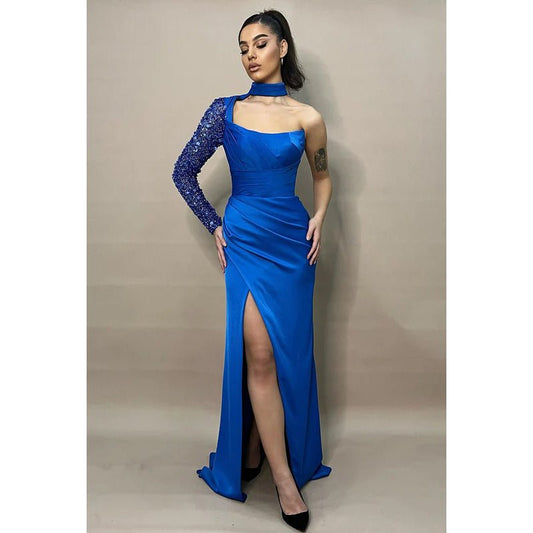 NumberSea - Couture & Ornate High Neck One Long Sleeve Side Slit Evening Party Prom Dress