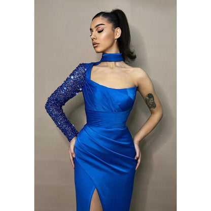 NumberSea - Couture & Ornate High Neck One Long Sleeve Side Slit Evening Party Prom Dress