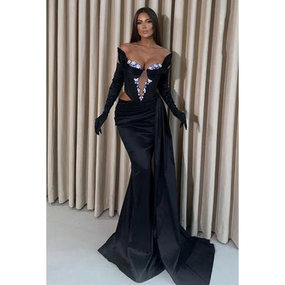 NumberSea - Couture & Ornate Long Sleeves Mermaid Off - Shoulder Sexy Evening Party Prom Dress