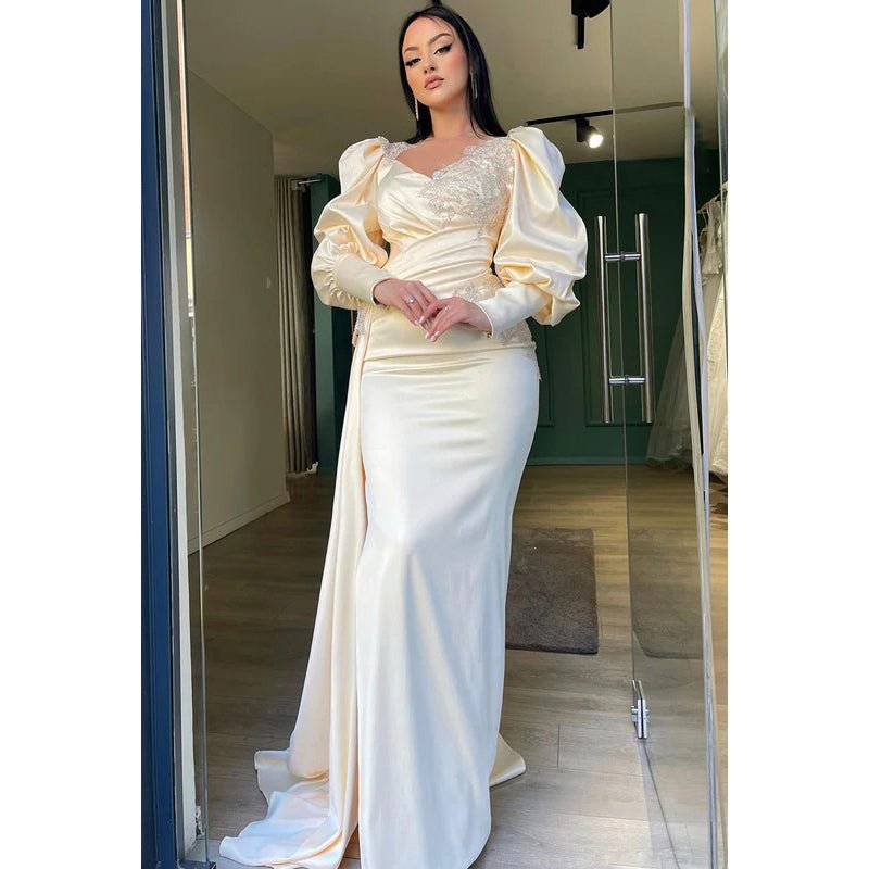 NumberSea - Couture & Ornate Long Sleeves V - Neck Sheath Side Slit Formal Prom Dress