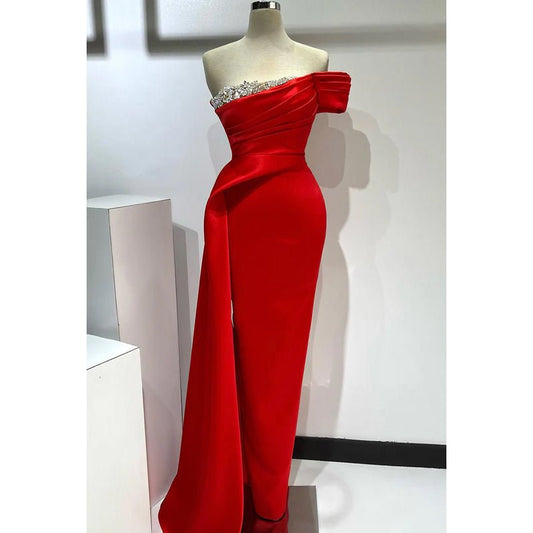 NumberSea - Couture & Ornate Off - Shoulder Cap Sleeves Ruched Side Slit Rhinestones Prom Dress