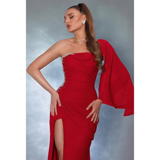 NumberSea - Couture & Ornate One Shoulder High Side Slit Sheath Formal Party Prom Dress With Rhinestones