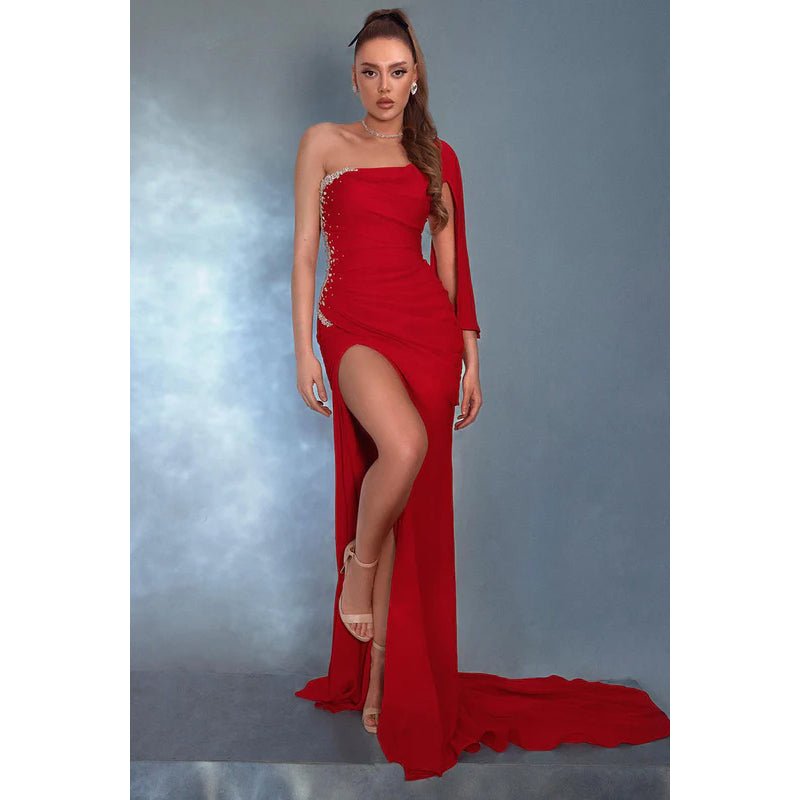 NumberSea - Couture & Ornate One Shoulder High Side Slit Sheath Formal Party Prom Dress With Rhinestones