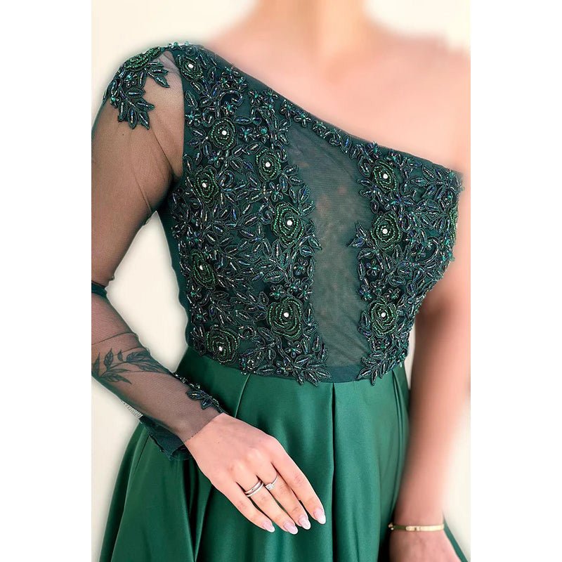 NumberSea - Couture & Ornate One Shoulder Long Sleeves A - line Applique Slit Prom Dress