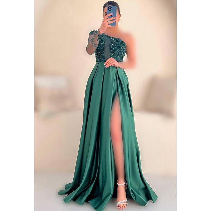 NumberSea - Couture & Ornate One Shoulder Long Sleeves A - line Applique Slit Prom Dress