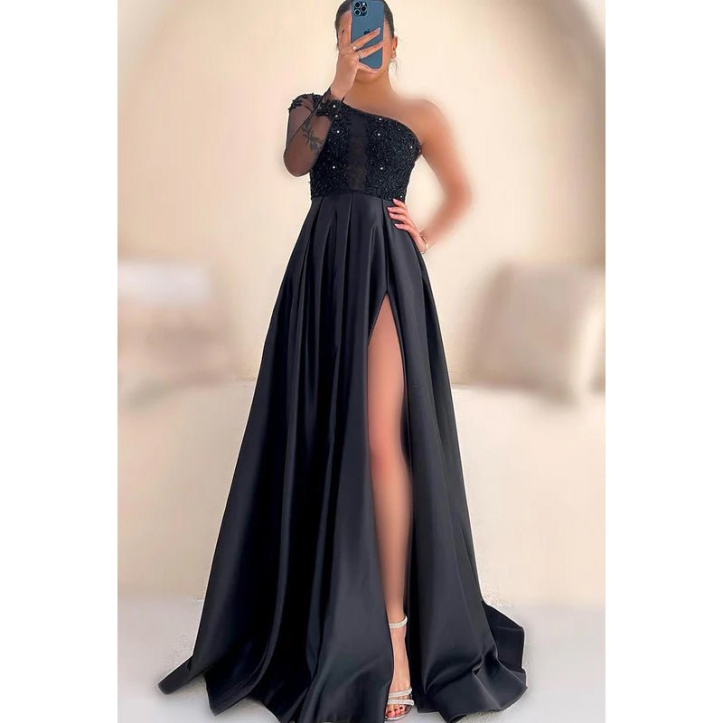 NumberSea - Couture & Ornate One Shoulder Long Sleeves A - line Applique Slit Prom Dress