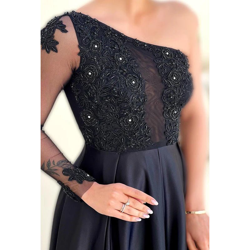 NumberSea - Couture & Ornate One Shoulder Long Sleeves A - line Applique Slit Prom Dress