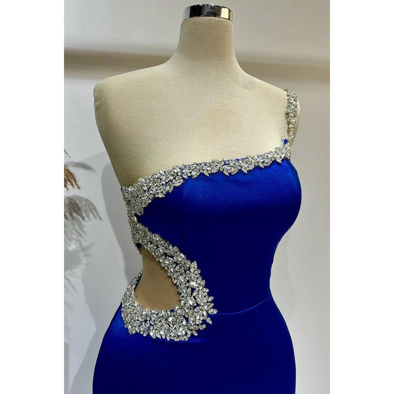 NumberSea - Couture & Ornate One Shoulder Sleeveless Sheath Side Slit Prom Dress With Rhinestones