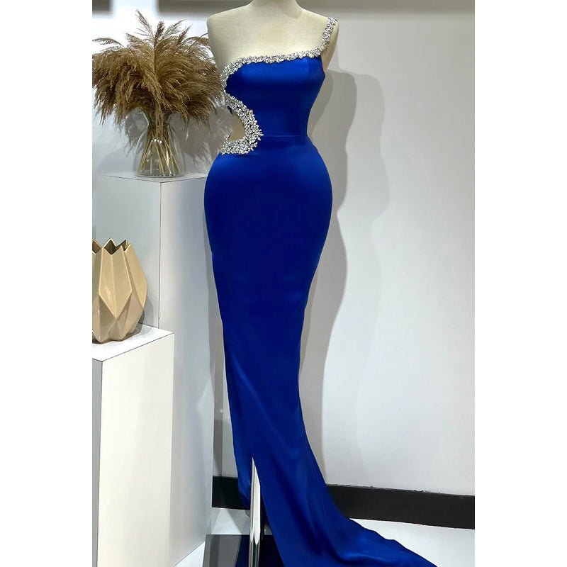 NumberSea - Couture & Ornate One Shoulder Sleeveless Sheath Side Slit Prom Dress With Rhinestones