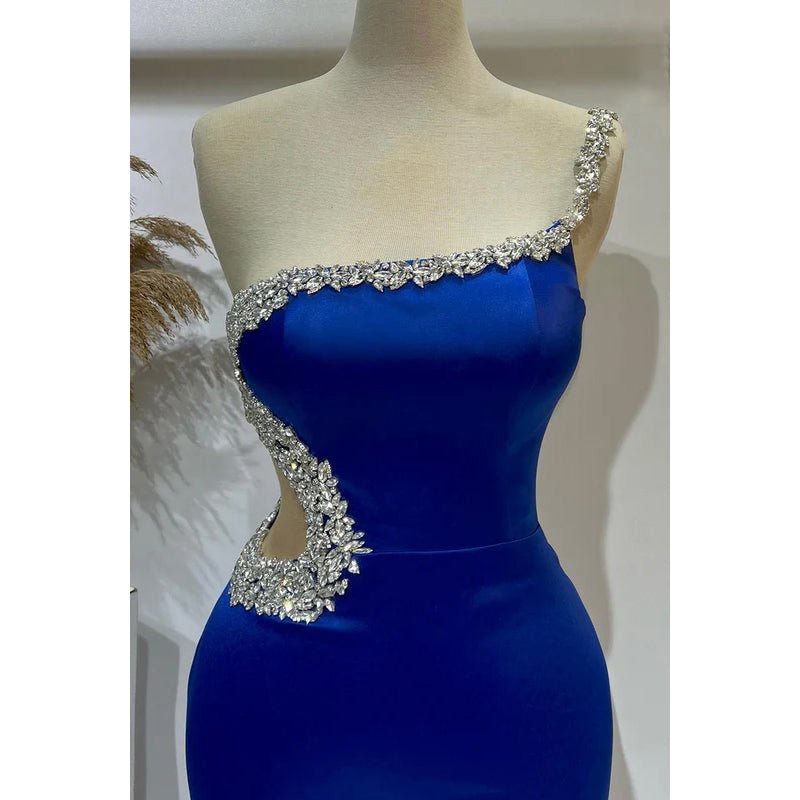 NumberSea - Couture & Ornate One Shoulder Sleeveless Sheath Side Slit Prom Dress With Rhinestones