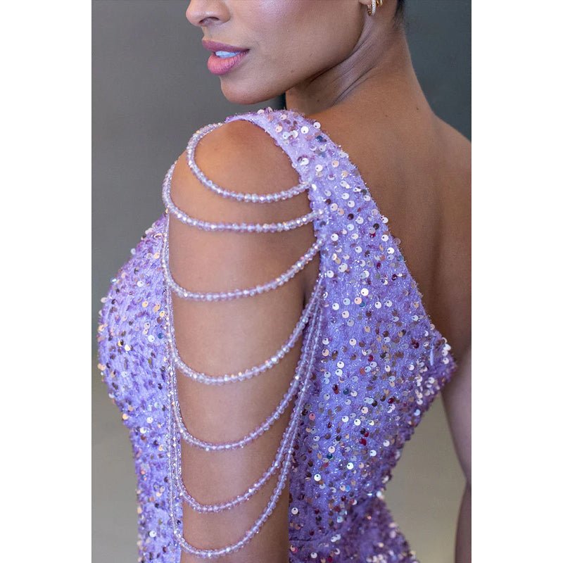 NumberSea - Couture & Ornate One Shoulder Sleeveless Slit Sequins Evening Party Prom Dress