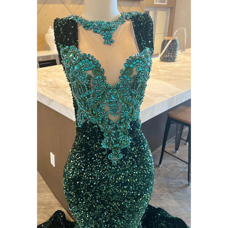 NumberSea - Couture & Ornate Sleeveless V - Neck Mermaid Sequins Evening Party Prom Dress