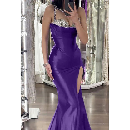 NumberSea - Couture & Ornate Spaghetti Straps Sleeveless V - Neck Slit Evening Party Prom Dress With Rhine