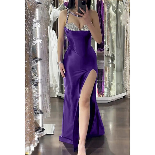 NumberSea - Couture & Ornate Spaghetti Straps Sleeveless V - Neck Slit Evening Party Prom Dress With Rhine