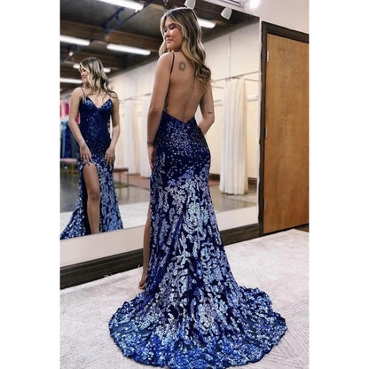 NumberSea - Couture Ornate Spaghetti Straps V - Neck Backless Sequins Mermaid Slit Prom Dress