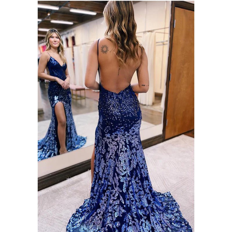 NumberSea - Couture Ornate Spaghetti Straps V - Neck Backless Sequins Mermaid Slit Prom Dress