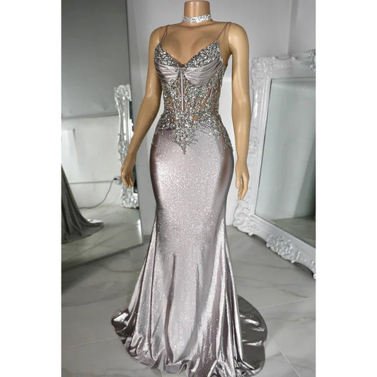 NumberSea - Couture & Ornate Spaghetti Straps V neck Mermaid Sequins Evening Party Prom Dress