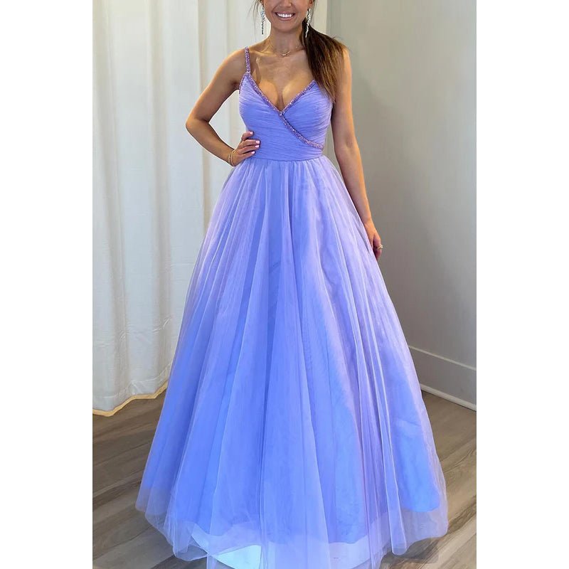 NumberSea - Couture & Ornate Spaghetti Straps V - Neck Sleeveless A - Line Tulle Party Prom Dress