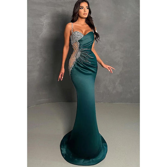 NumberSea - Couture & Ornate Spaghetti Straps V neck Trumpet Evening Prom Dress