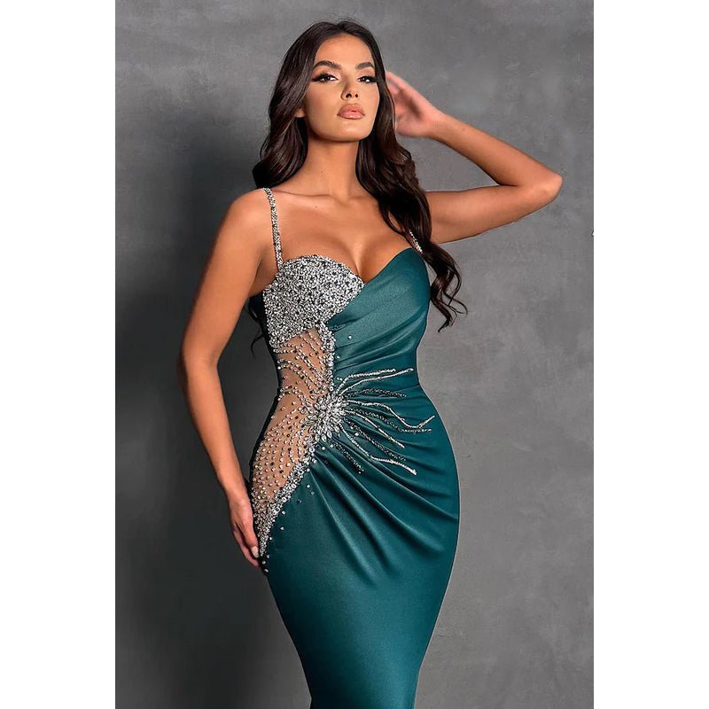 NumberSea - Couture & Ornate Spaghetti Straps V neck Trumpet Evening Prom Dress