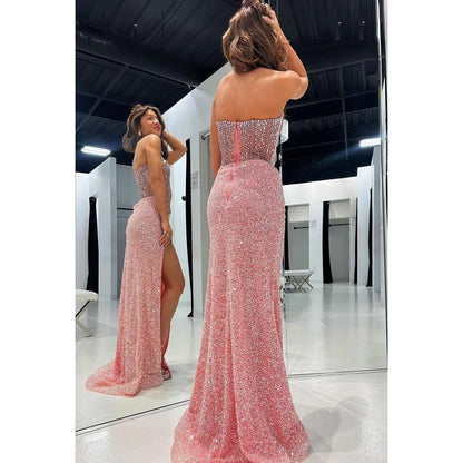 NumberSea - Couture & Ornate Sweetheart Sleeveless Side Slit Sheath Sequins Evening Party Prom Dress