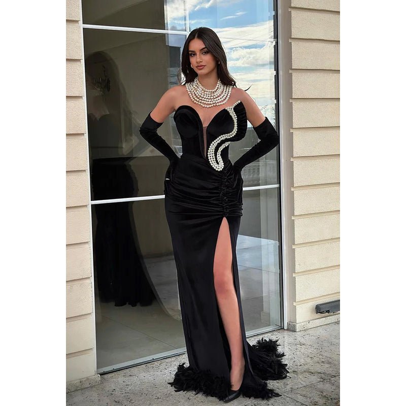 NumberSea - Couture & Ornate V - Neck Sleeveless Mermaid Side Slit Evening Party Prom Dress With Pearls