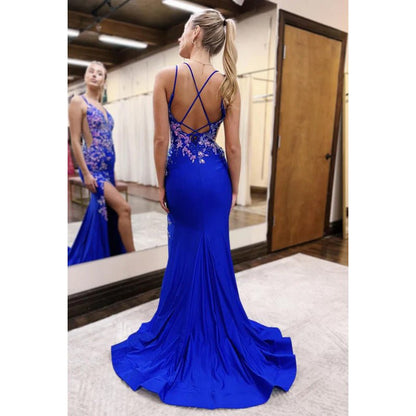 NumberSea - Couture & Ornate V - neck Spaghetti Straps Side Slit Appliqued Evening Prom Dress