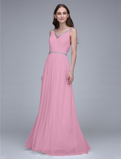 Sheath / Column Spaghetti Strap Floor Length Chiffon Bridesmaid Dress with Crystals