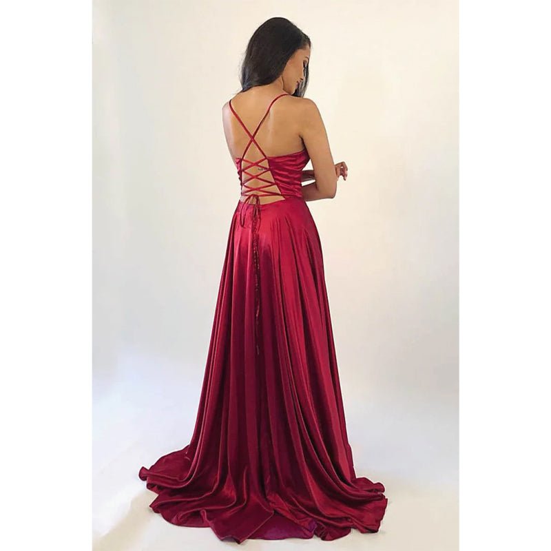 NumberSea - Criss - cross Straps Satin A - line Simple Prom Dress with Slit Formal Evening Gowns