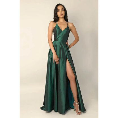 NumberSea - Criss - cross Straps Satin A - line Simple Prom Dress with Slit Formal Evening Gowns