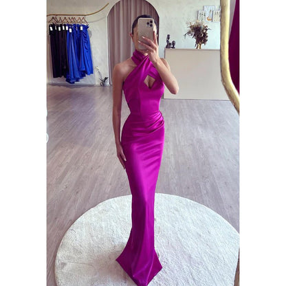 NumberSea - Cross Neck Halter Sleeveless Ruched Satin Sheath Long Prom Evening Dress