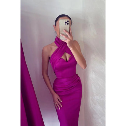 NumberSea - Cross Neck Halter Sleeveless Ruched Satin Sheath Long Prom Evening Dress