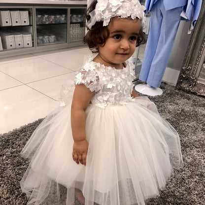 NumberSea - Cute A - line Bateau Short Sleeve Appliques Lace Pearl Tulle Flower Girl Dress With Bowknot