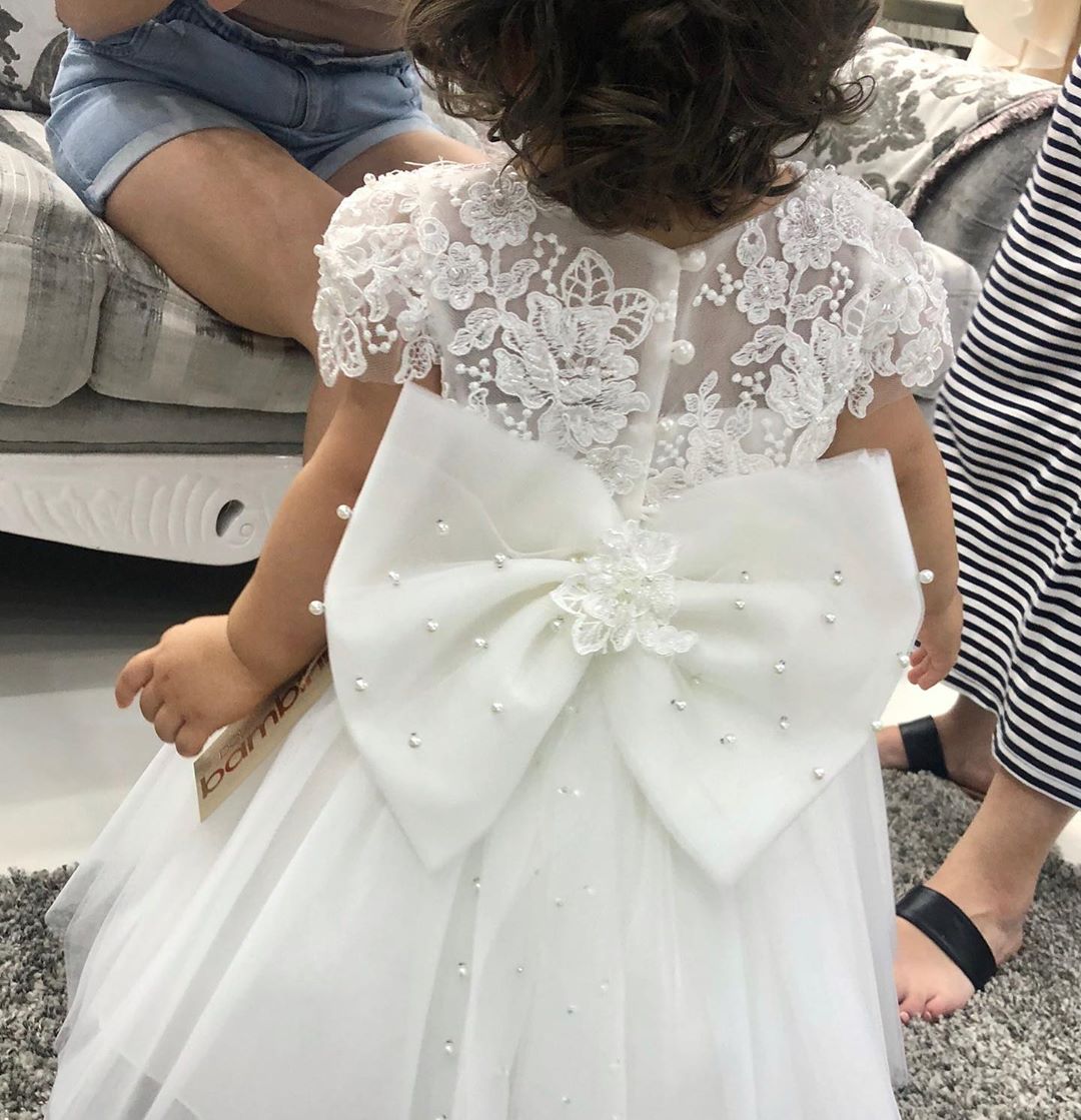 NumberSea - Cute A - line Bateau Short Sleeve Appliques Lace Pearl Tulle Flower Girl Dress With Bowknot