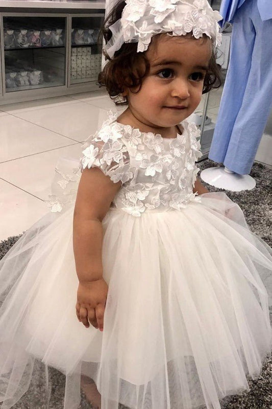 NumberSea - Cute A - line Bateau Short Sleeve Appliques Lace Pearl Tulle Flower Girl Dress With Bowknot