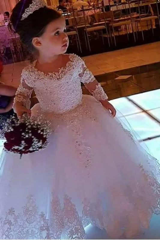 NumberSea - Cute Ball Gown Long Sleeves Tulle Flower Girl Dress with Lace Appliques