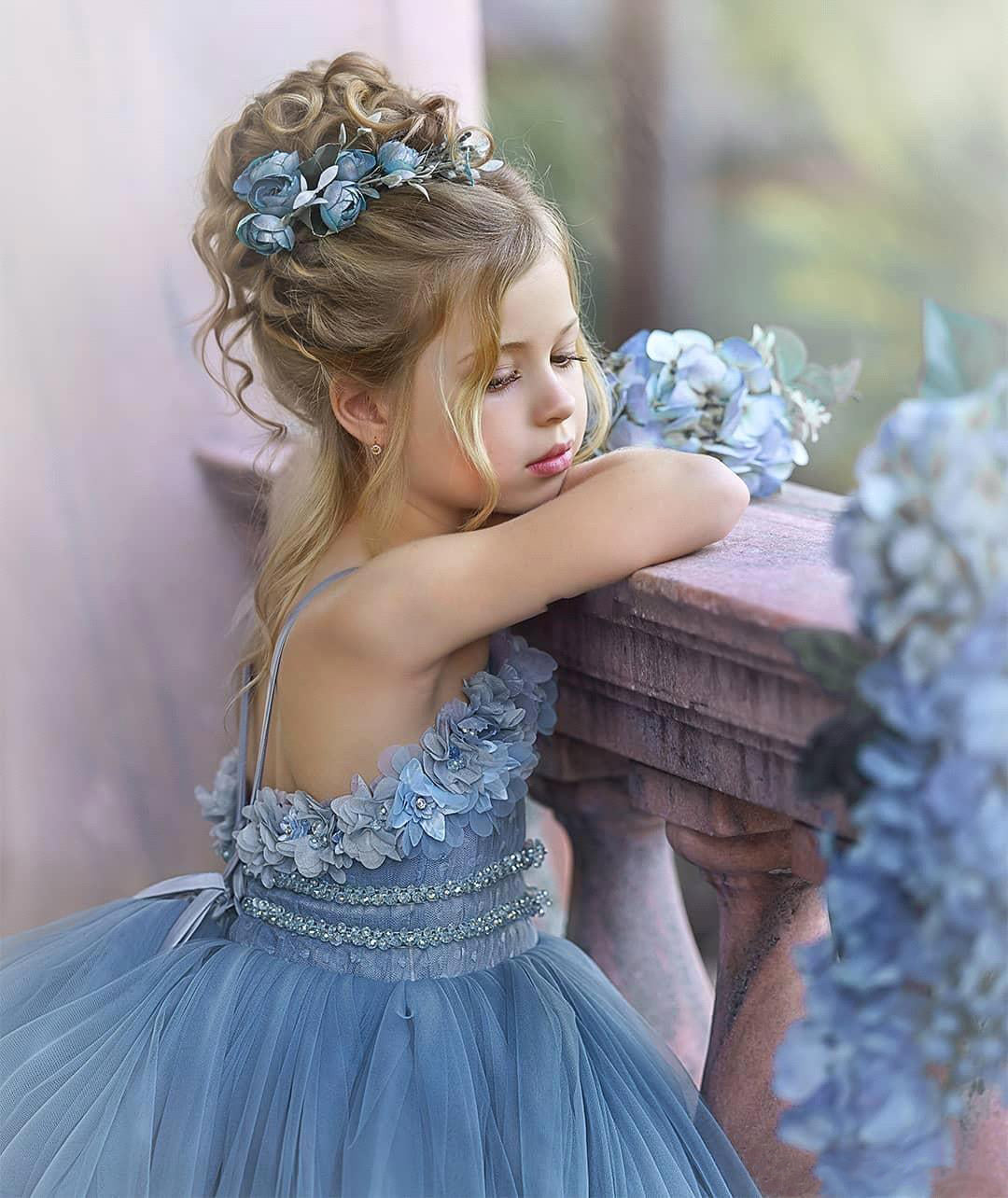 Cute Dusty Blue Long Strapless Princess Tulle Flower Girl Dresses