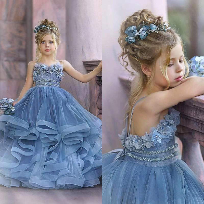 Cute Dusty Blue Long Strapless Princess Tulle Flower Girl Dresses