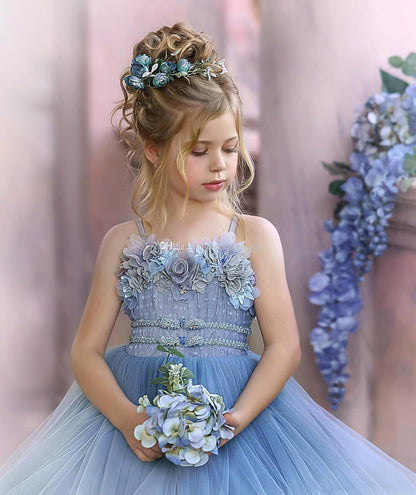 Cute Dusty Blue Long Strapless Princess Tulle Flower Girl Dresses