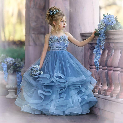 Cute Dusty Blue Long Strapless Princess Tulle Flower Girl Dresses