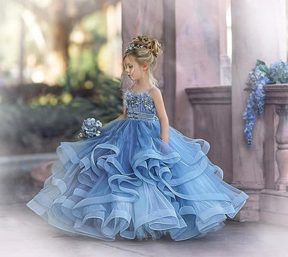 Cute Dusty Blue Long Strapless Princess Tulle Flower Girl Dresses