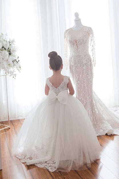 NumberSea - Cute Ivory Long Ball Gown Tulle Sleeveless Flower Girl Dresses