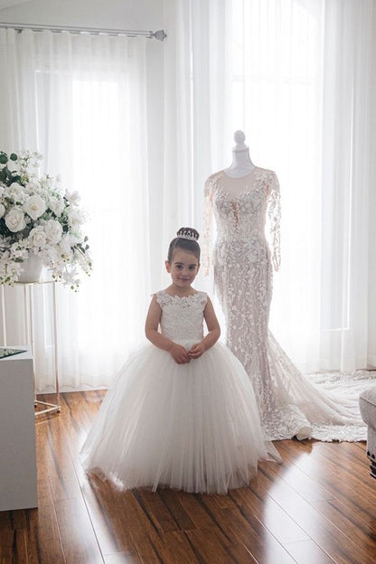 NumberSea - Cute Ivory Long Ball Gown Tulle Sleeveless Flower Girl Dresses